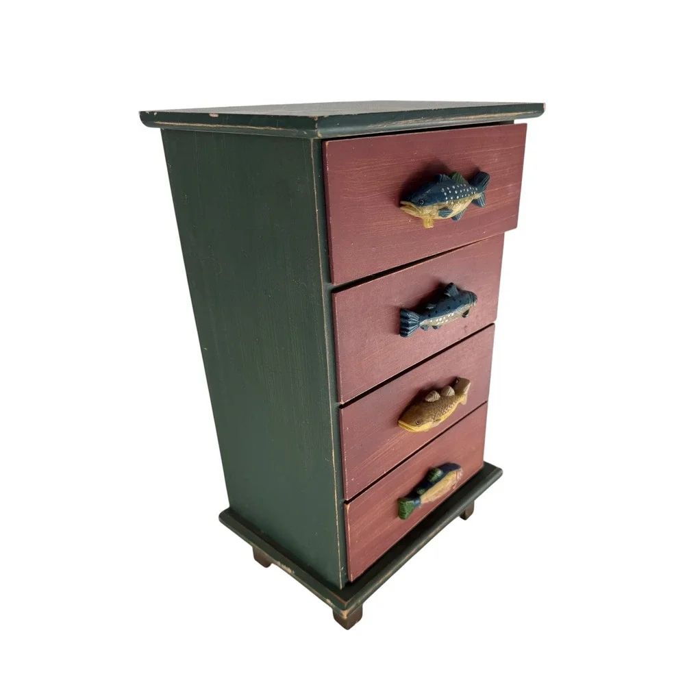 Folk Art Wood Jewelry Box Fish Motif 4 Drawer Chest Green Burgundy Fishermancore